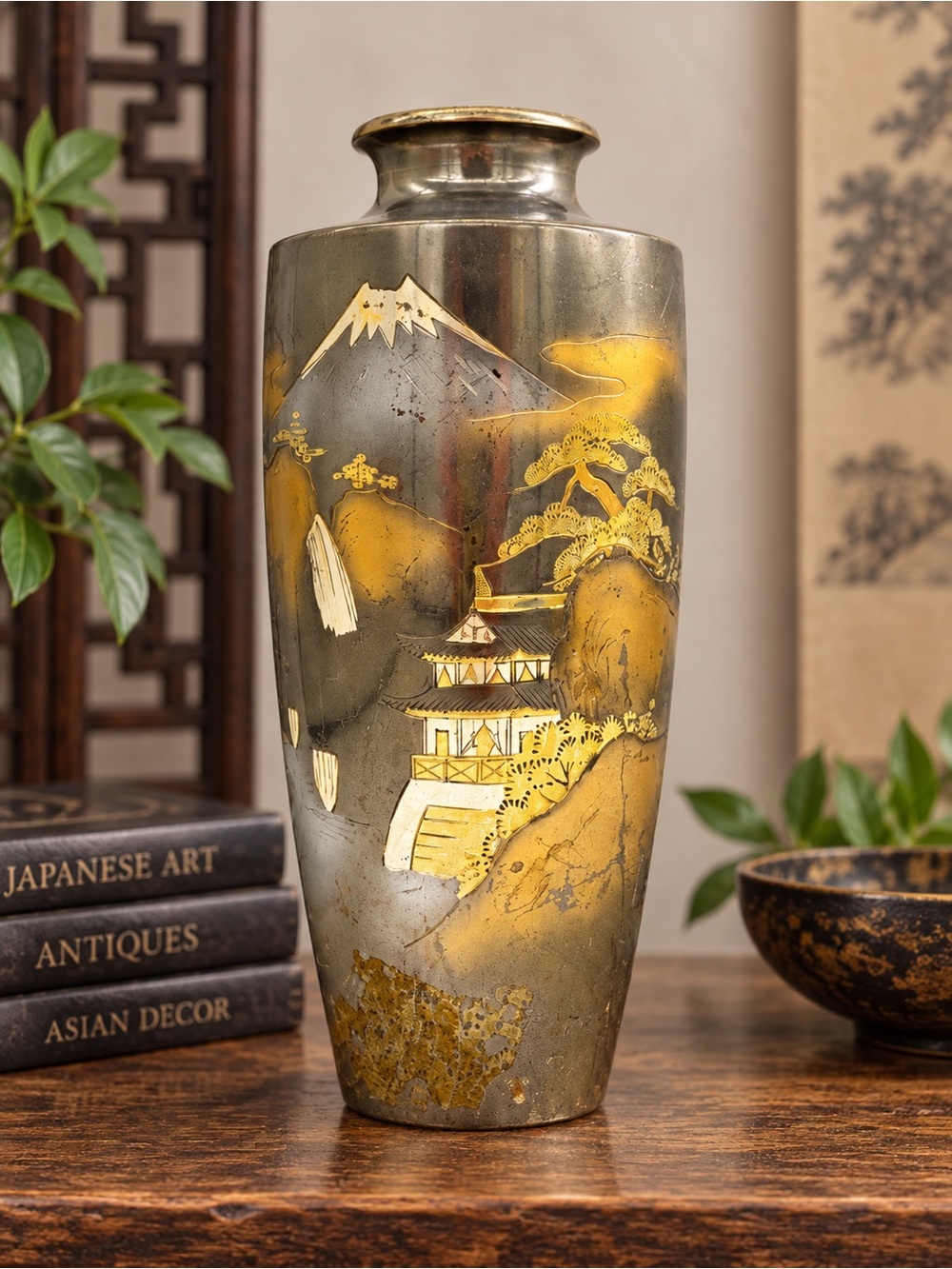 Vintage Japanese Metal Vase Mount Fuji Pagoda Gold Silver Tone Inlay Asian Decor